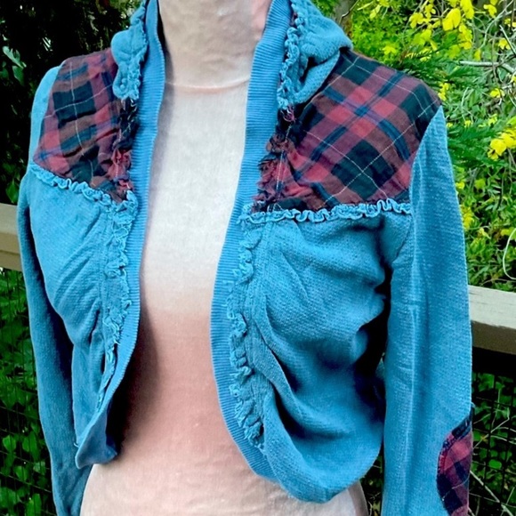 Nappytabs lightweight cotton cropped open front blue red plaid detail stretch M - Picture 1 of 15